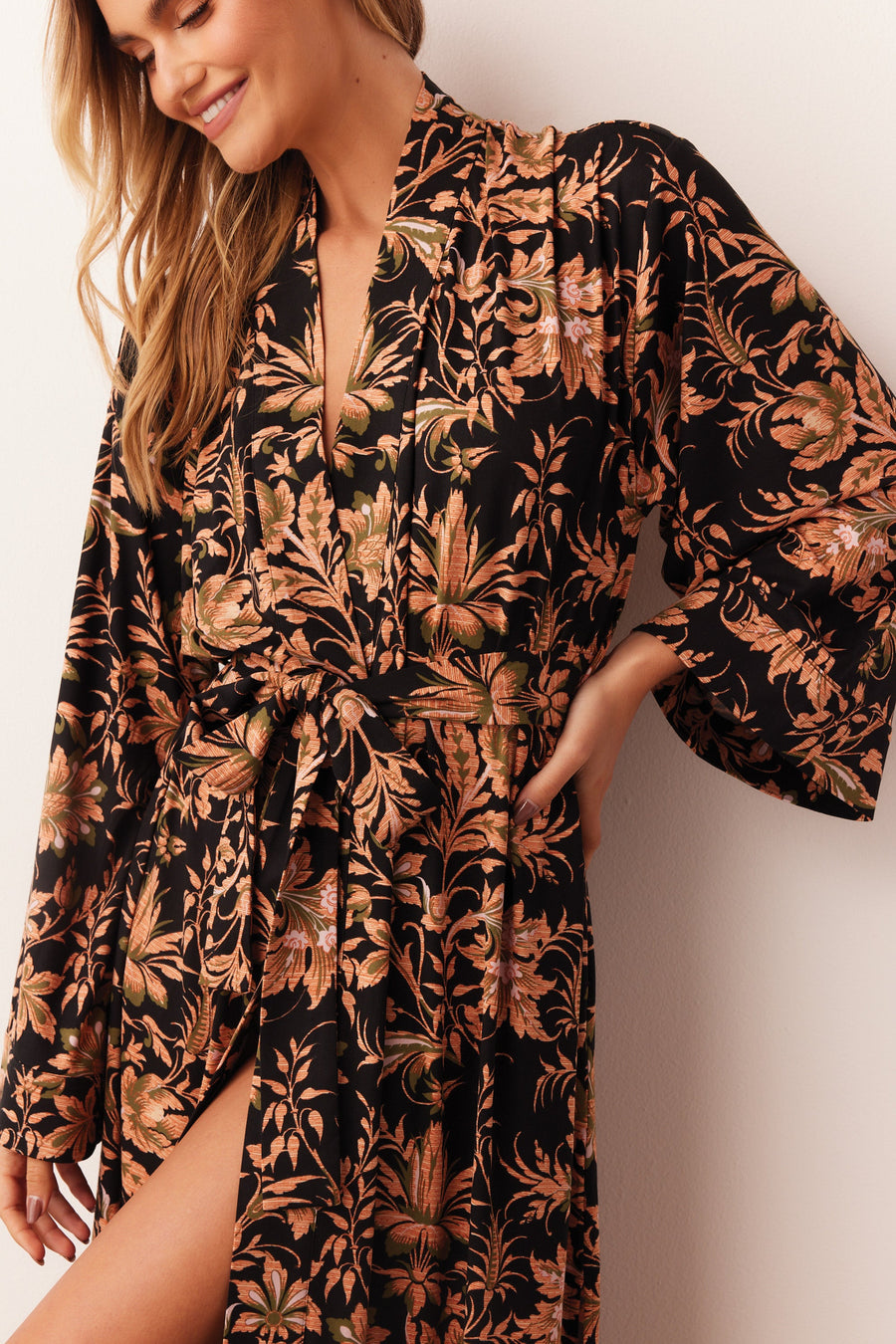 Kaia Cloud Jersey Kimono Robe in Damask