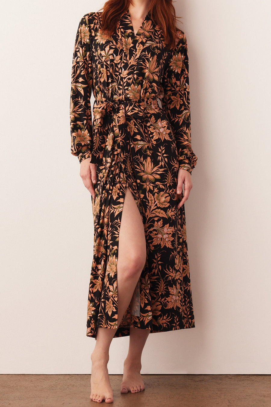 Skyler Cloud Jersey Banded Long Robe in Damask