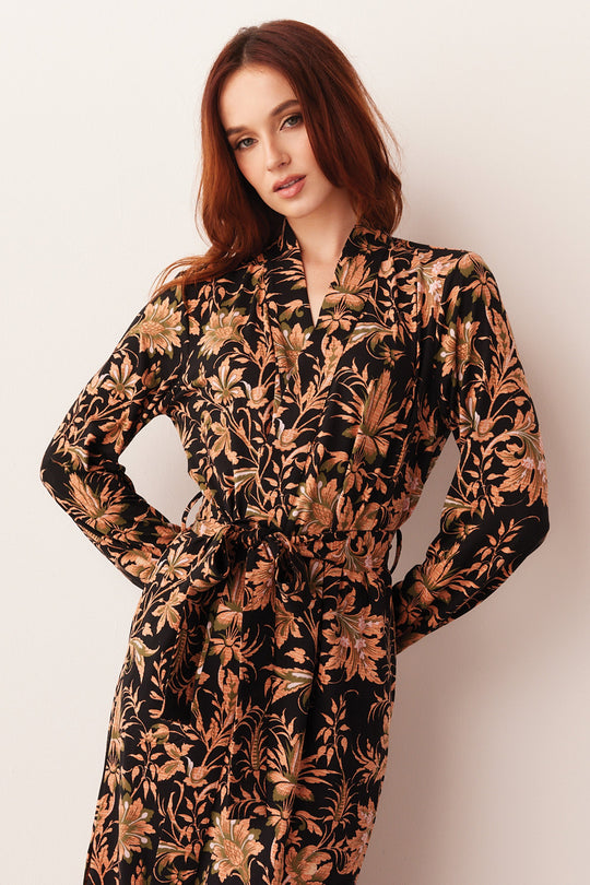 Skyler Cloud Jersey Banded Long Robe in Damask