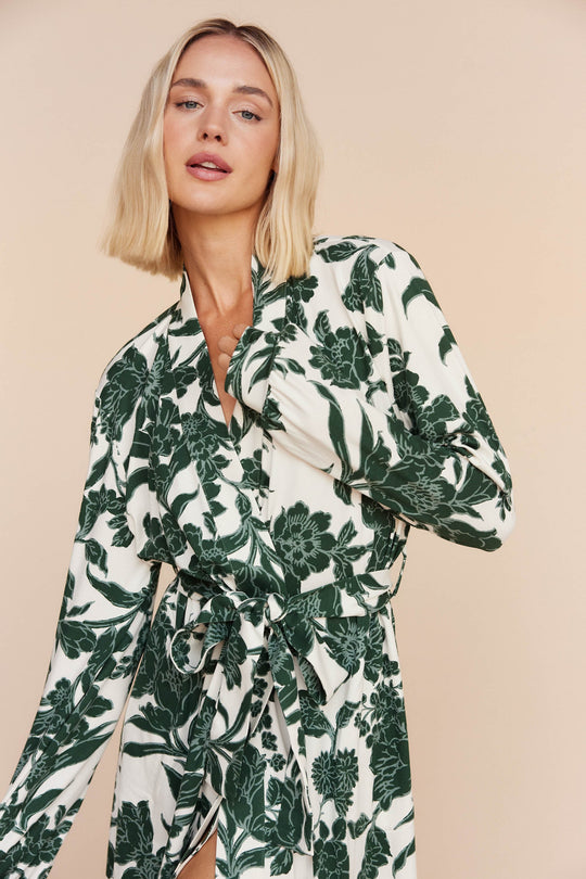 Skyler Cloud Jersey Banded Long Robe in Emerald Floral