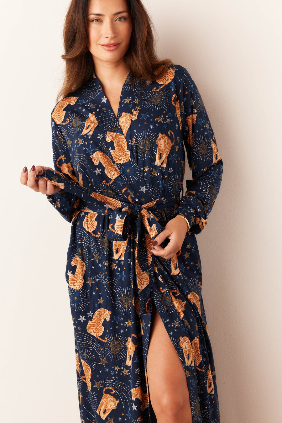 Skyler Cloud Jersey Banded Long Robe in Cosmic Jungle