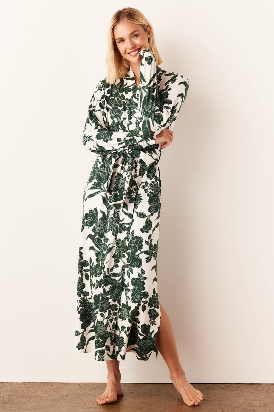 Skyler Cloud Jersey Banded Long Robe in Emerald Floral
