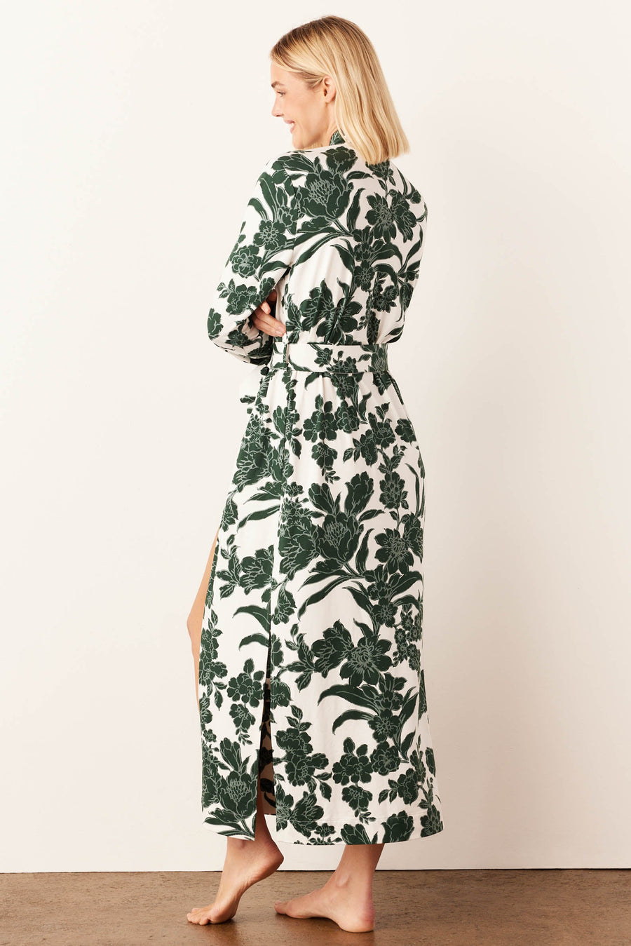 Skyler Cloud Jersey Banded Long Robe in Emerald Floral