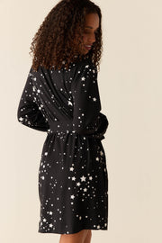 Quinn Cloud Jersey Banded Short Robe in Black Stars